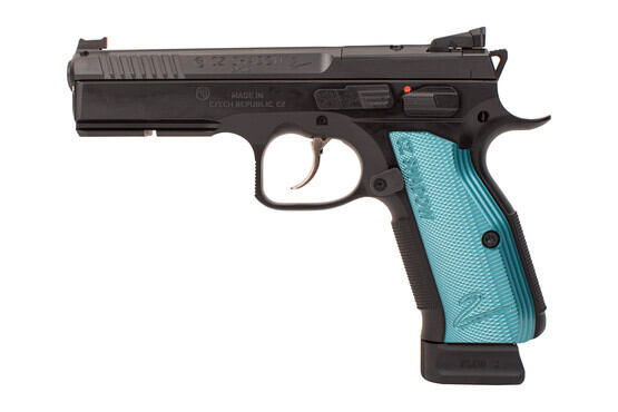 CZ Shadow 2 9mm pistol features blue anodized grips and extended 19 round magazine